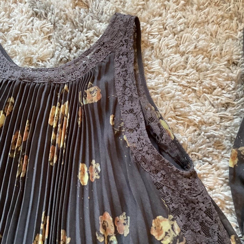 Free People Floral Pleated Lace Trim Sleeveless Mini Dress Charcoal Grey Medium - Picture 14 of 15